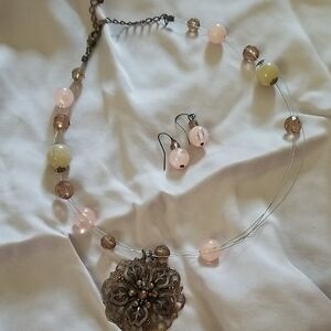 Elegant Pink and Brown Beaded Necklace and Earring Set